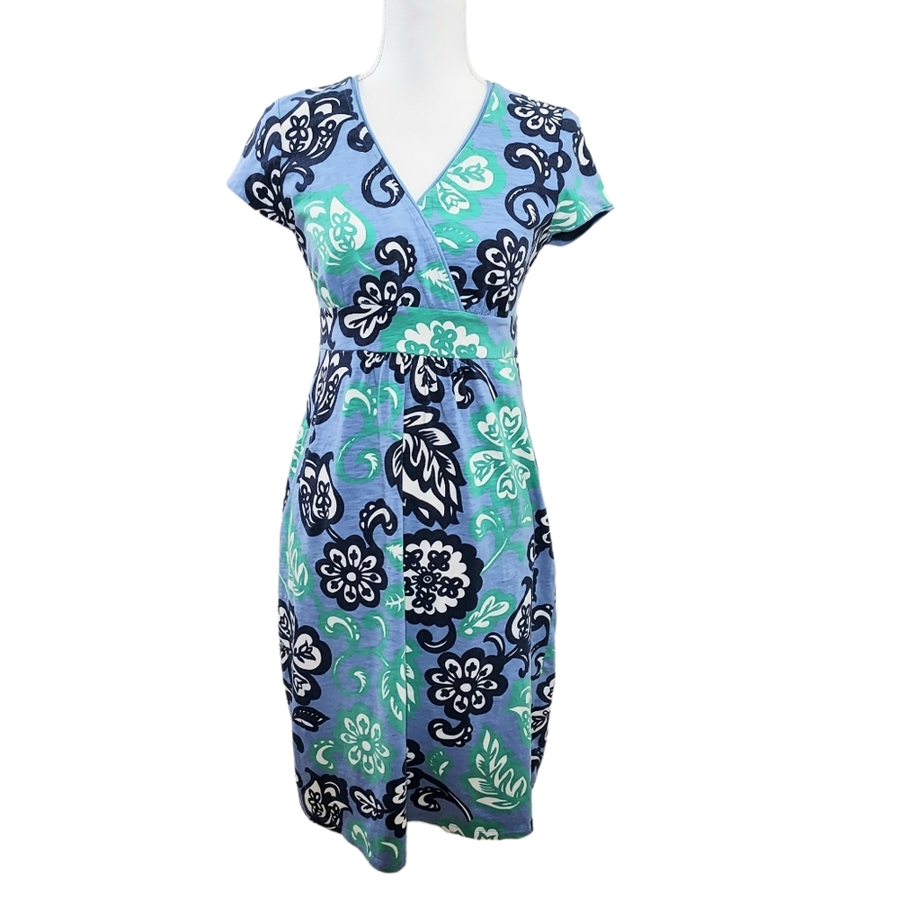 Boden blue floral print surplice neckline dress 6